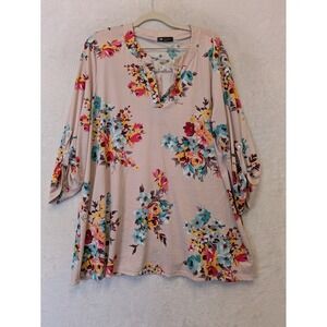 Vision USA Women's Size XL Pink Floral Split V-Neck Tunic Blouse